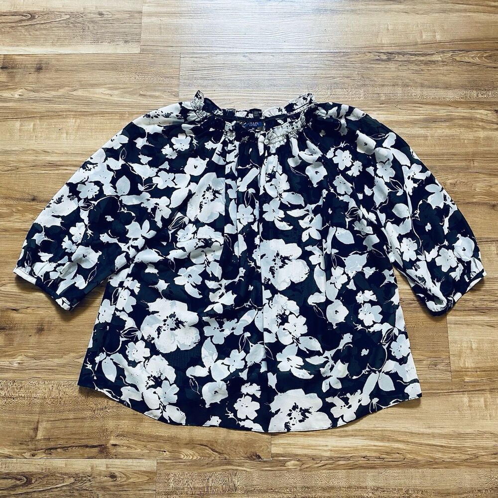 CHAPS 2X Women’s Navy White Floral Sheer Peasant Cottagecore Nautical Fairycore